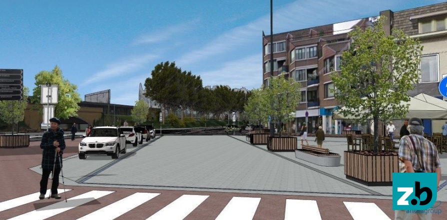 Variant 1: Lange zitbank, zebrapad en kiss & ride.