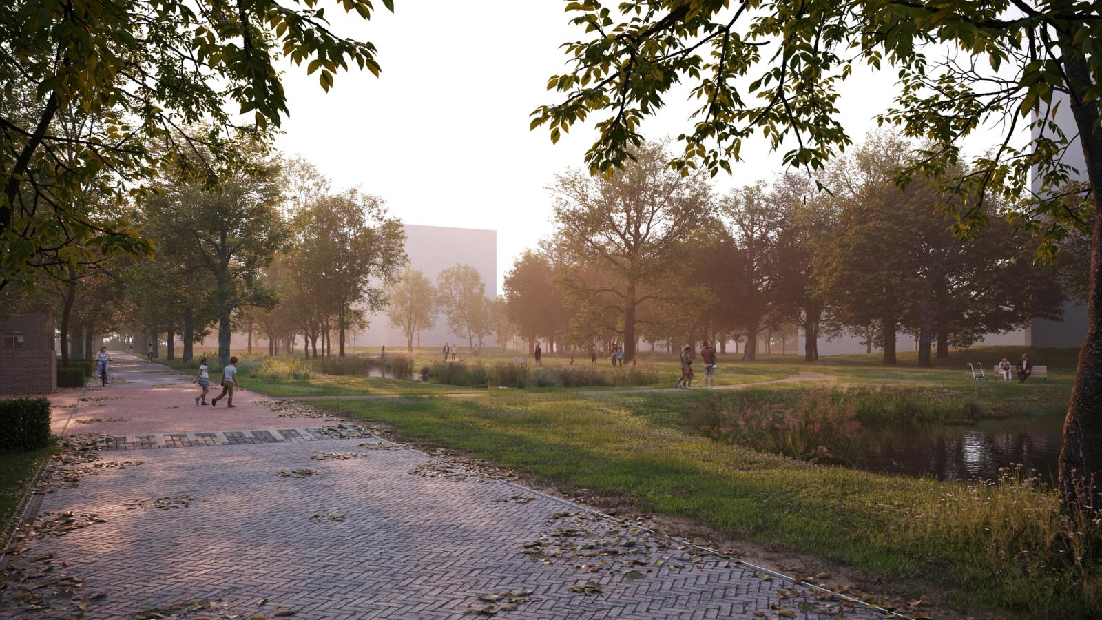 Artist impression van een groene openbare ruimte in het toekomstige Hornekwartier in Weert.